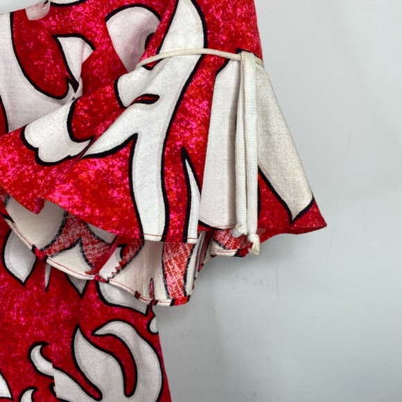 VTG Kimos Polynesian Shop Maxi Dress 8 Red Floral Flutter Sleeve Hawaiian Made - Picture 3 of 14